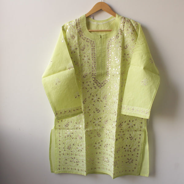 Stitched Luckhnowi Chikankari Kurta (with Gota Work) - Lime Green (size L)