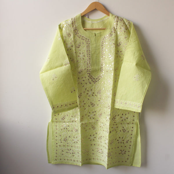 Stitched Luckhnowi Chikankari Kurta (with Gota Work) - Lime Green (size M)