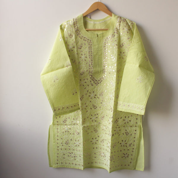 Stitched Luckhnowi Chikankari Kurta (with Gota Work) - Lime Green (size S)