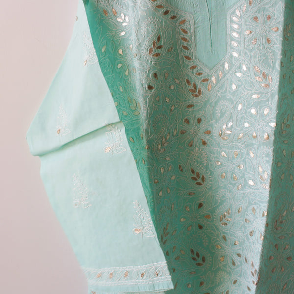 Stitched Luckhnowi Chikankari Kurta (with Gota Work) - Sea Form (size L)
