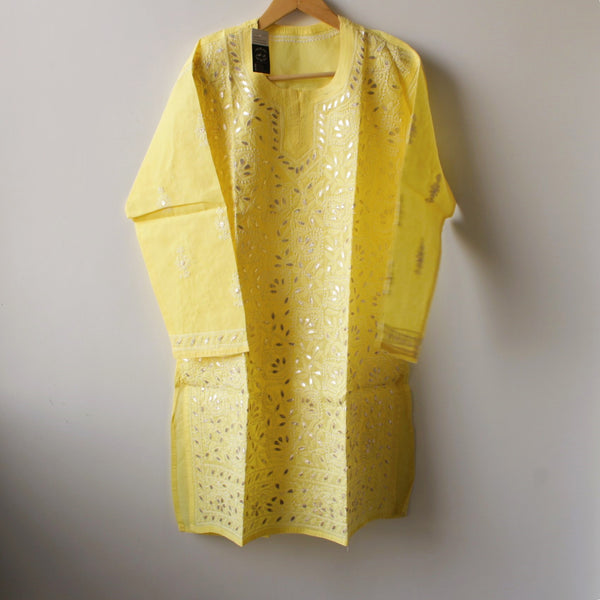 Stitched Luckhnowi Chikankari Kurta (with Gota Work) - Sunshine Yellow  (size M)