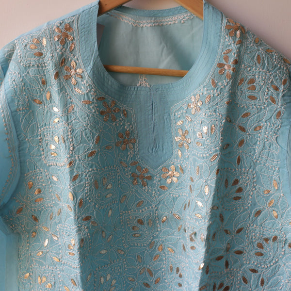 Stitched Luckhnowi Chikankari Kurta (with Gota Work) - Ice Blue (size S)