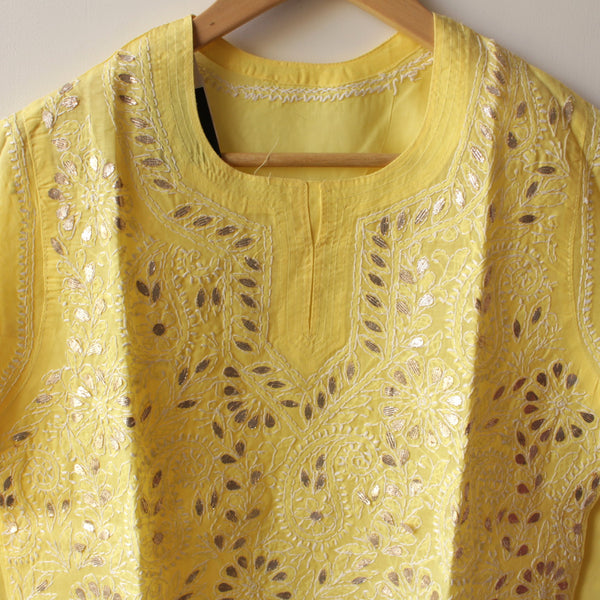 Stitched Luckhnowi Chikankari Kurta (with Gota Work) - Sunshine Yellow (size S)