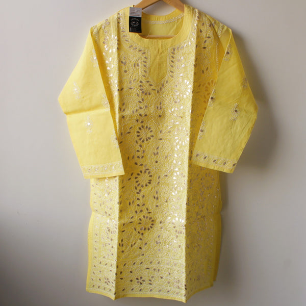 Stitched Luckhnowi Chikankari Kurta (with Gota Work) - Sunshine Yellow (size S)