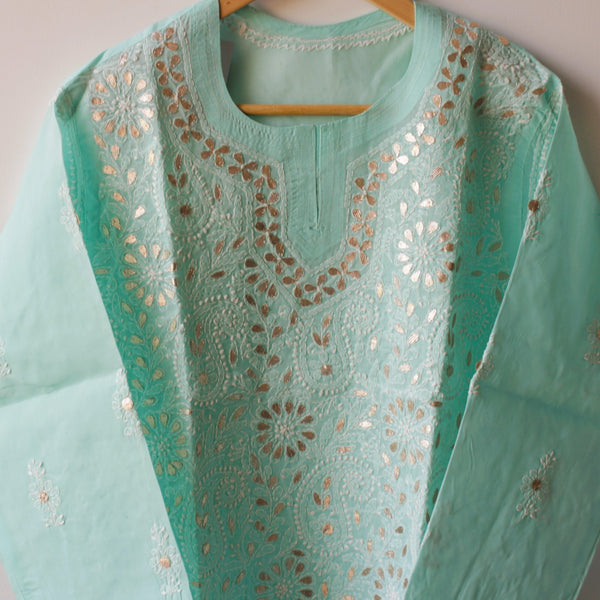 Stitched Luckhnowi Chikankari Kurta (with Gota Work) - Sea Foam (size M)