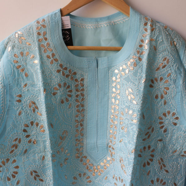 Stitched Luckhnowi Chikankari Kurta (with Gota Work) - Ice Blue (size S)