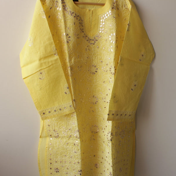 Stitched Luckhnowi Chikankari Kurta (with Gota Work) - Sunshine Yellow (size L)