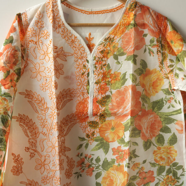 Stitched Printed Chikankari Kurta - Marigold