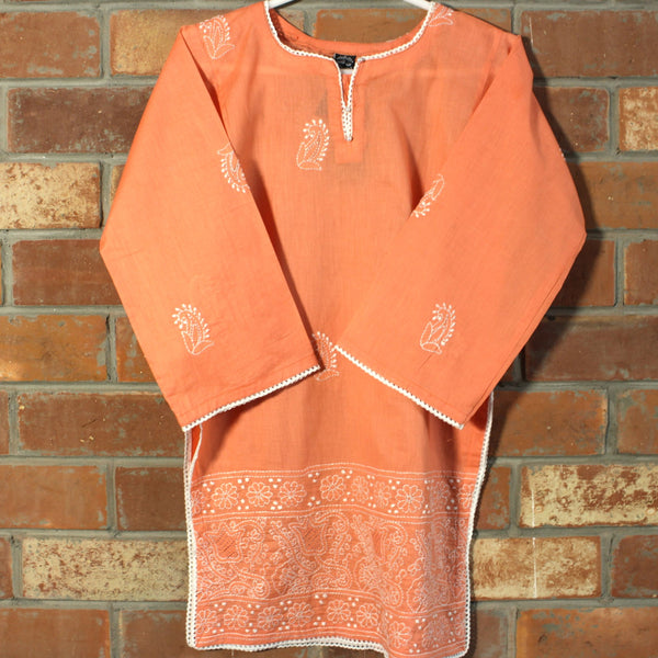 Kids - Peach- Hand-Embroidered Kurta - Size 9-10 years