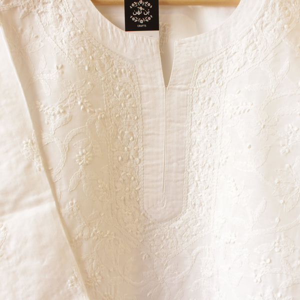 STITCHED - WHITE - LUCKHNOWI CHIKANKARI KURTA - 2225