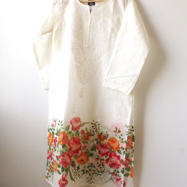STITCHED - WHITE - LUCKHNOWI CHIKANKARI KURTA - 2227