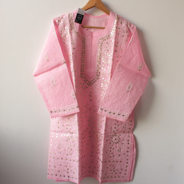 Stitched Luckhnowi Chikankari Kurta (with Gota Work) - Pink (size S)